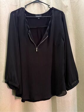 FOREVER 21 Black Zip-Front Sheer Sleeve Blouse